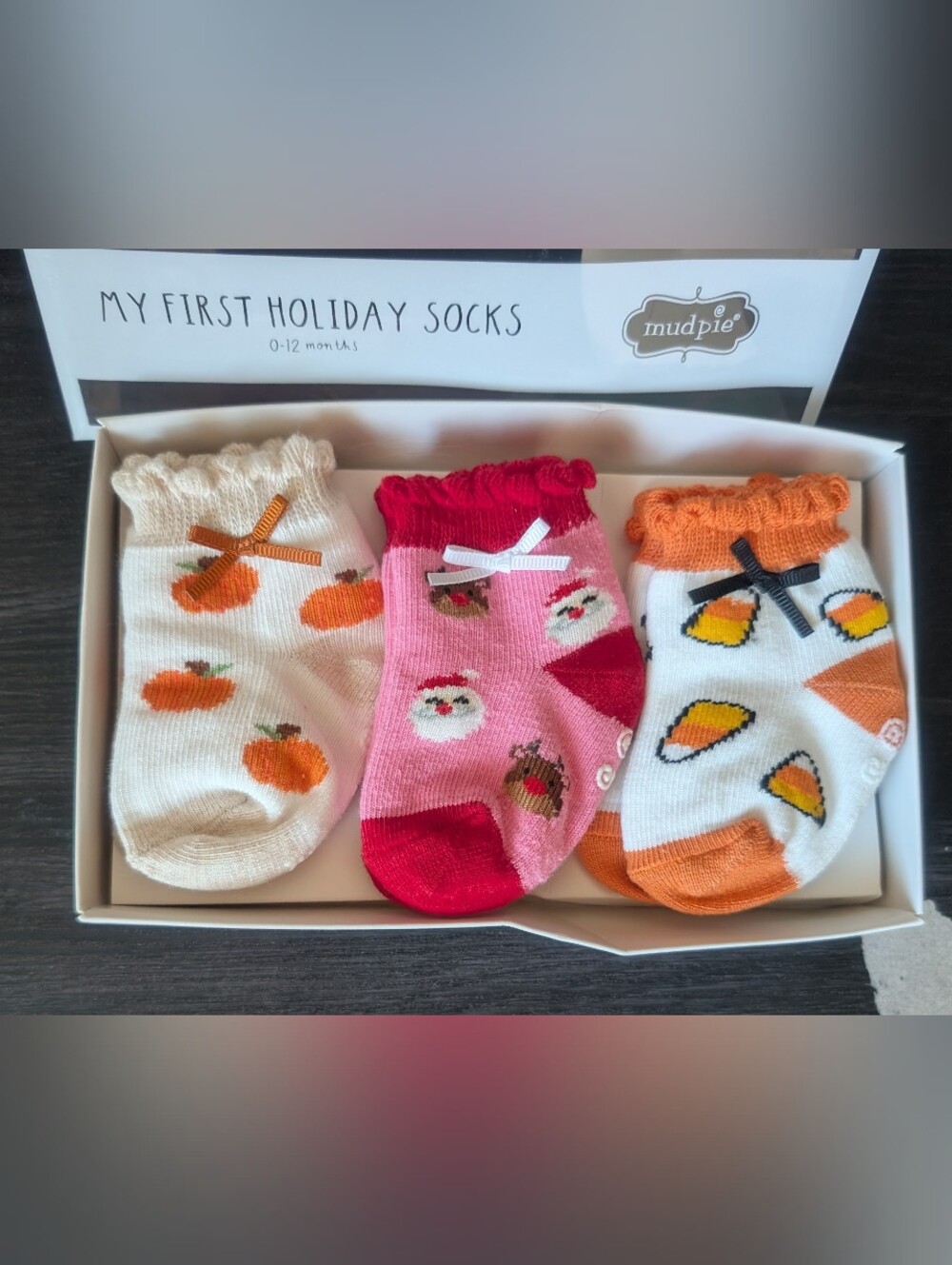 New MudPie Baby Girl My First Holiday Sock Set Pumpkin Santa 0-12 M
